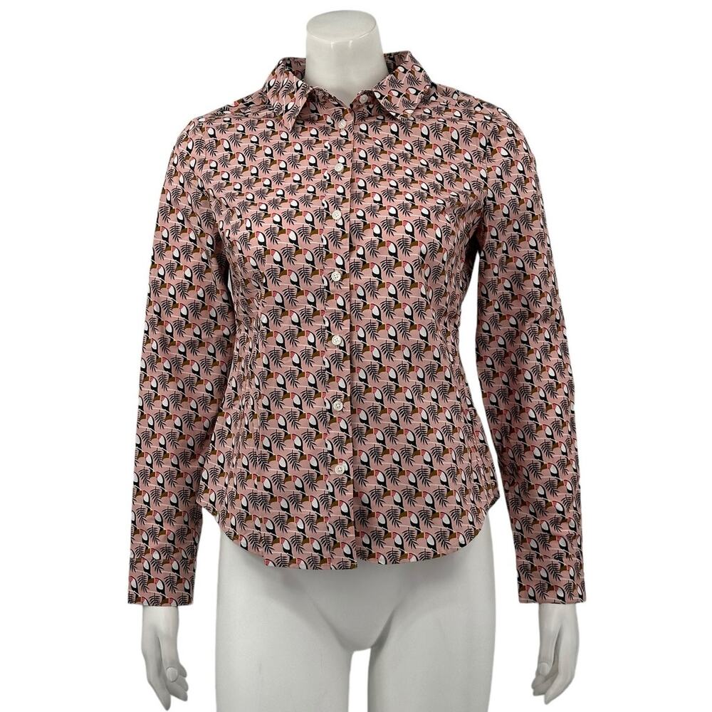 Boden Top Womens 6 Petite Modern Classic Pink Button Up Toucans Birds Preppy